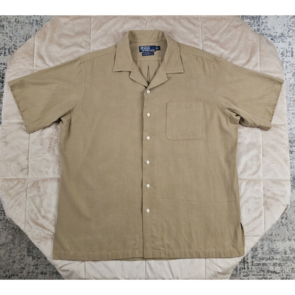 Vintage Polo Ralph Lauren Caldwell Camp Shirt Mens L Tan Loop Collar Silk Blend